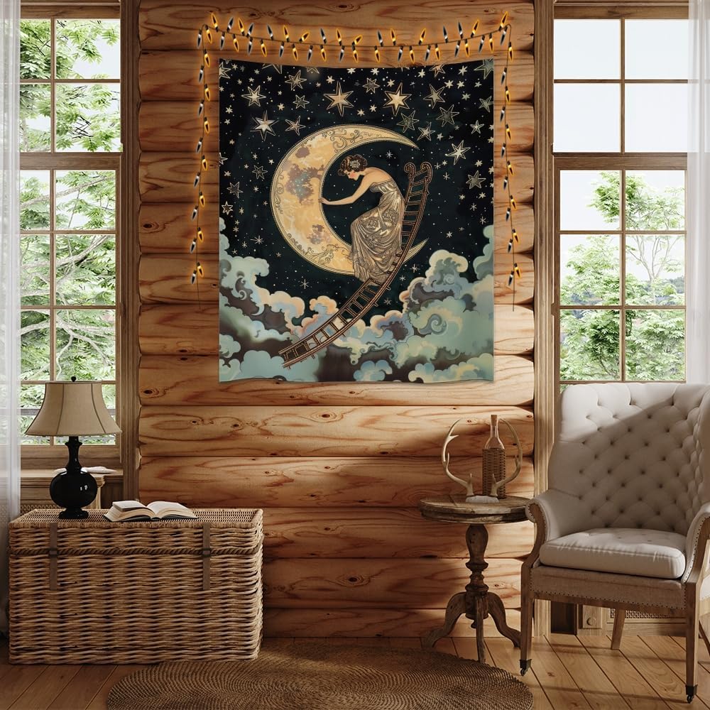 Dark Academia Gothic Aesthetic Tapestry ladder to The Moon and Stars Wall Hanging Print Trendy Vintage Art Nouveau Tapestries Decor for Home Bedroom Living Room 30x40inch