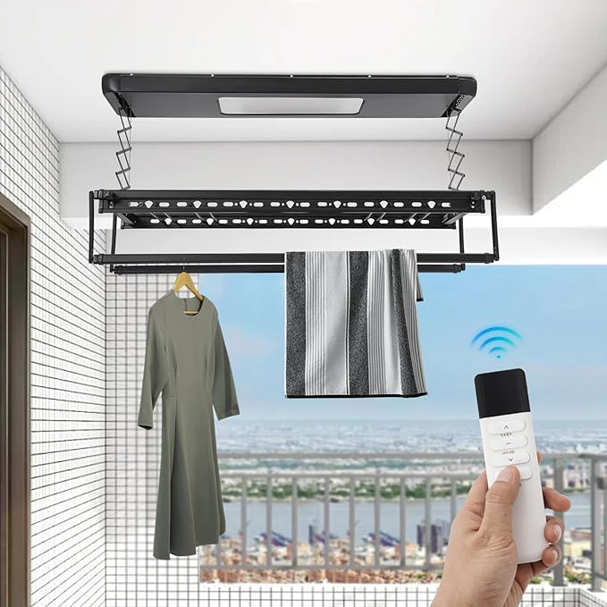Electric Retractable Airing Rack Black, Ceiling Clothesline 77lbs Load, Ceiling Mounted Clothes Drying Rack 24W with Remote and Light for Laundry Balcony (Black)