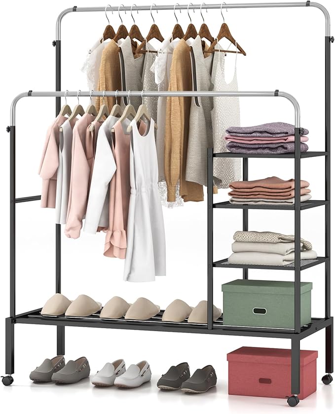Tangkula Rolling Double Rods Garment Rack, Clothes Drying Rack with Height Adjustable Hanging Bars, Storage Shelves & Lockable Wheels, Heavy-duty Steel Clothing Rack for Indoor & Outdoor Use (Silver)