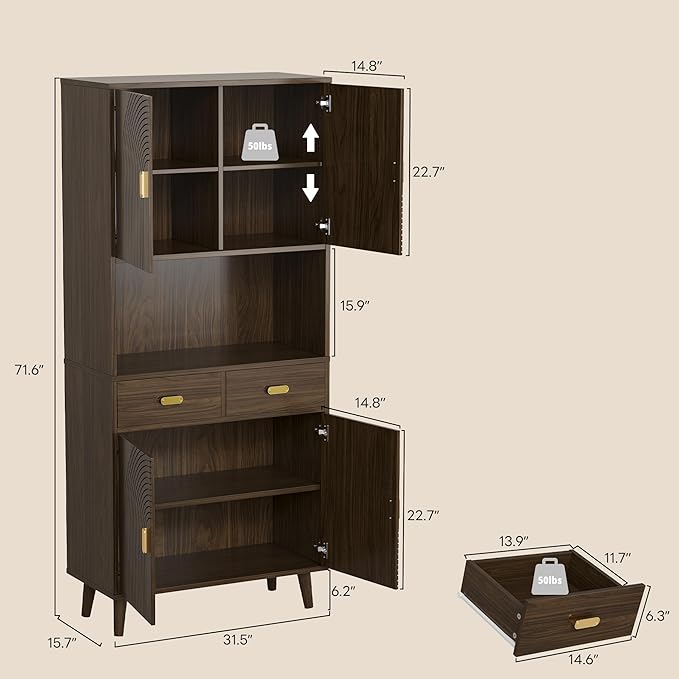 LIKIMIO 71.6" Tall Walnut Mid-Century Hutch Cabinet with Storage- 3 Adjustable Shelves, 2 Drawers, Multi-Room Pantry