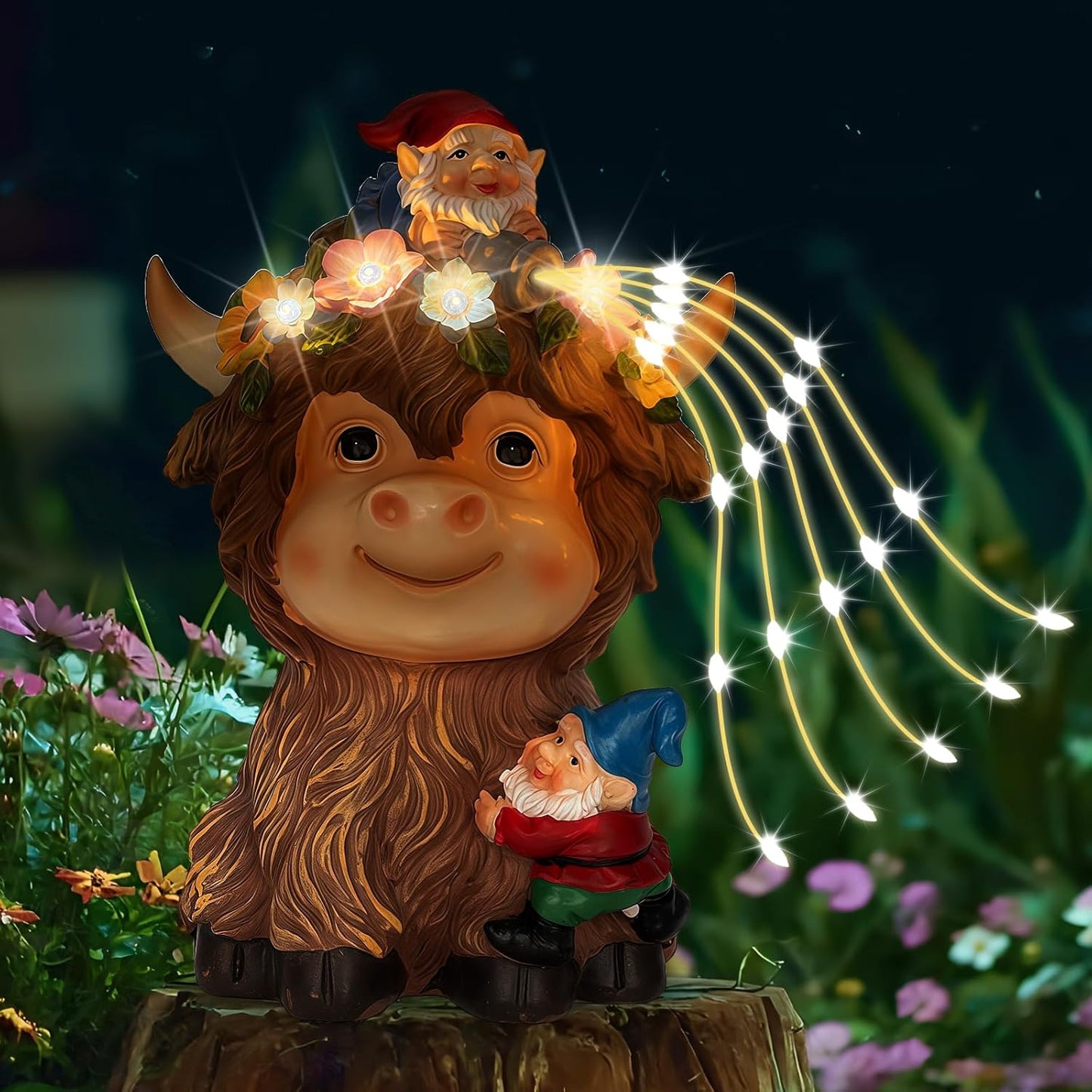 Solar Highland Cow Outdoor Statues for Garden: Outside Decor with Funny Gnomes Clearance for Yard Art Lawn Ornaments Porch Patio Balcony Home House - Birthday Gifts for Grandma Mom Women(Cow Gnome)