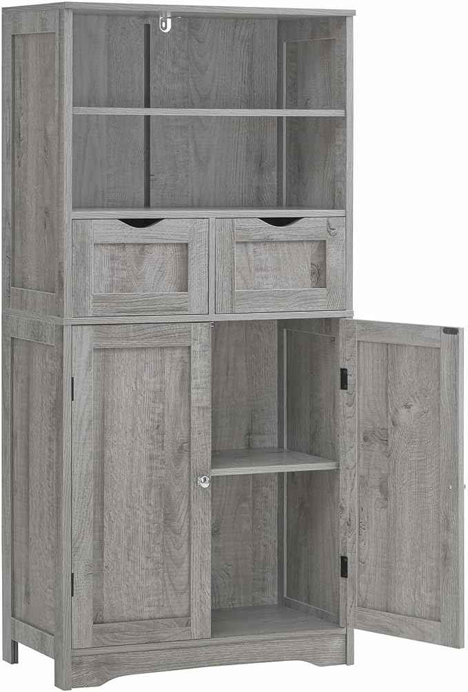 Iwell Storage Cabinet with 2 Drawers & Adjustable Shelf, Tall Bathroom Cabinet with Doors, Cupboard, Kitchen Cabinets for Living Room, Dining Room, Entryway, Grey