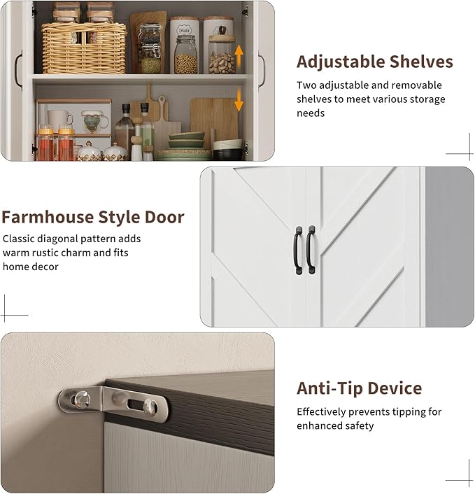 IDEALHOUSE 70" Kitchen Pantry Storage Cabinet, Farmhouse Kitchen Cabinet with 4 Doors & 3 Adjustable Shelves, Freestanding Cupboard for Dining Room,Living Room,White