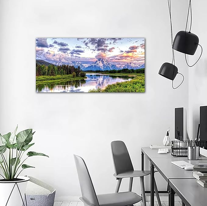 Landscape Canvas Wall Art Nature Picture Oxbow Bend Grand Teton National Park Modern Canvas Artwork River and Forest Contemporary Wall Art Large Size for Home Office Decoration 20" x 40"