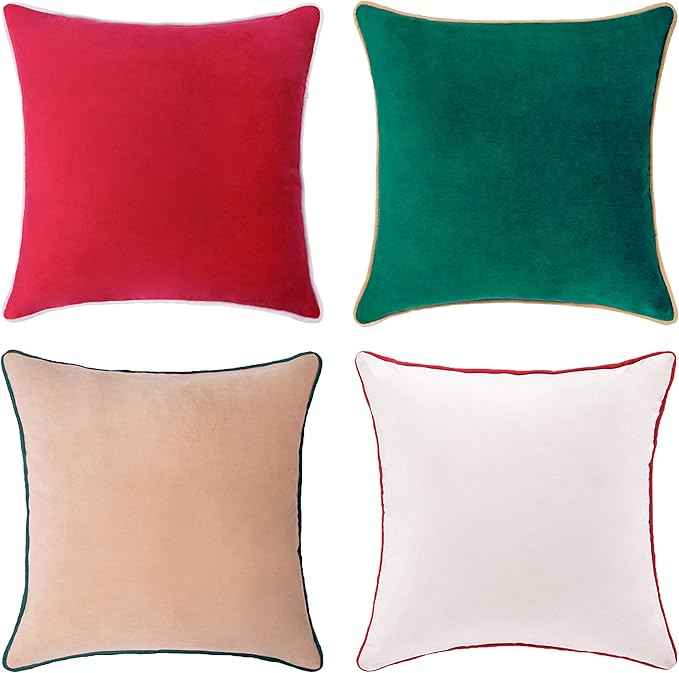 MONDAY MOOSE Christmas Decorative Throw Pillow Covers Cushion Cases, Set of 4 Soft Velvet Double-Sided Designs, Mix and Match for Home Decor, Pillow Inserts Not Included (18x18 inch, Red/Green)