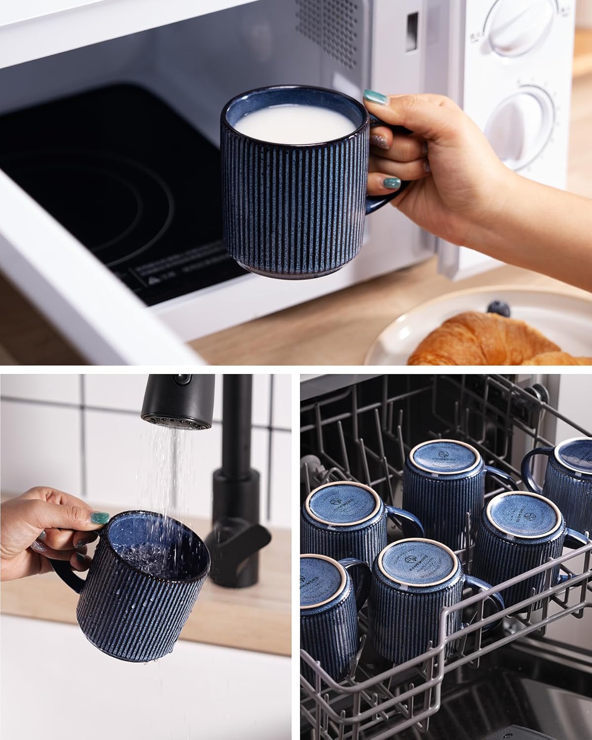 famiware Coffee Mug Set for 6, Star 12 oz Catering Mugs Cup Set with Handle for Coffee, Tea, Cocoa, Milk - Ceramic Stoneware Drinkware Set, Nebulas Blue