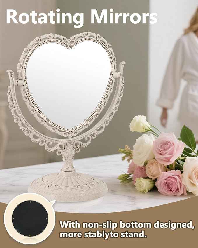 Heart Shaped Cute Vanity Princess Mirror for Desk,Double-Sided Rotatable Table with Stand Downtown Girl Room Coquette Decor (Beige)
