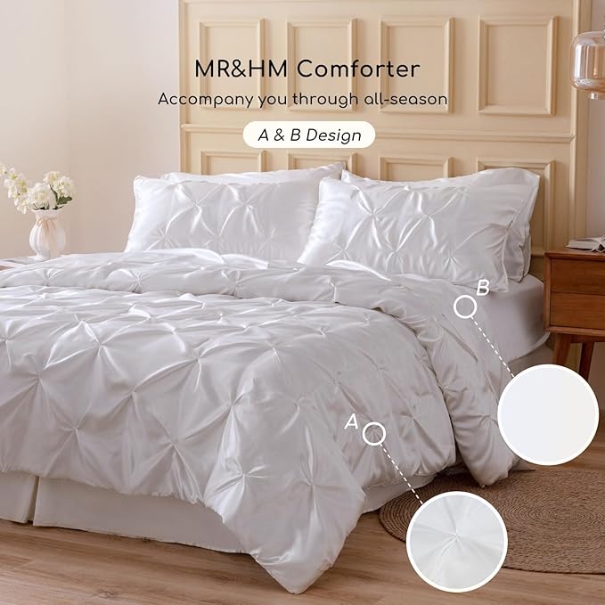 MR&HM Satin Comforter Queen 7 Pieces - Luxurious Pinch Pleat Bedding Set with Comforter, Flat Sheet, Fitted Sheet, Pillowcases & Shams, Super Silky Soft Bed Set for All Season (Queen, White)