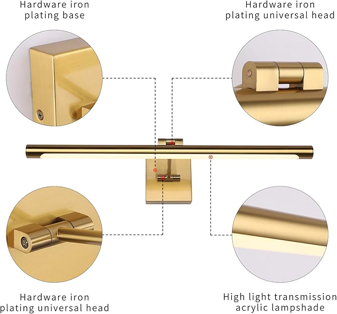 LED Picture Light Fixtures 24.4 Inches, Full Metal Artwork Wall Lamp with Single Swing Arm, 14W (70W Eqv.), Hardwired Connection, Non-Dimmable, 3000K Warm White, CRI80+, Golden-Like Brass Finish