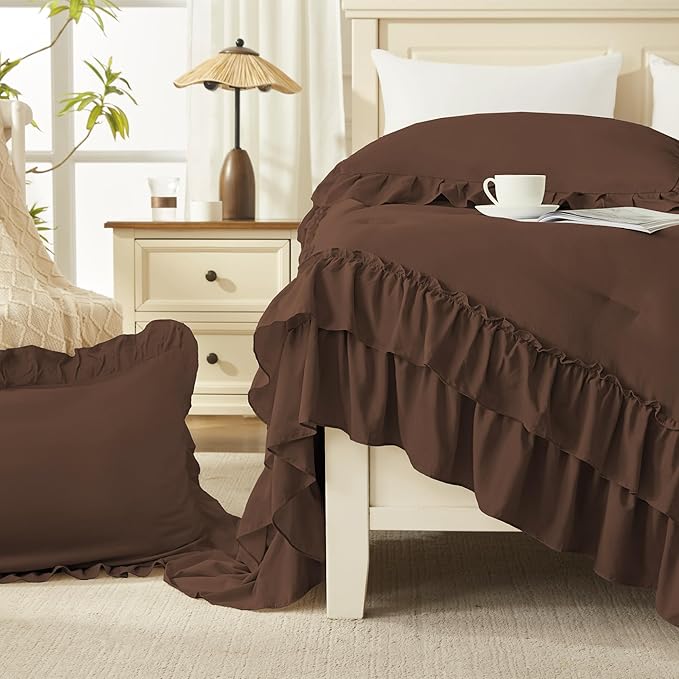 Andency Brown Full Size Comforter Set (79x90Inch), 3 Pieces Fluffy Farmhouse Shabby Chic Ruffle Bedding Comforter Sets, All Season Soft Lightweight Bed Set