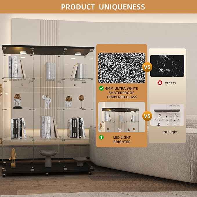 Beauty4U Glass Display Cabinet with LED Lights, Extra Large 3 Columns 2 Doors Curio Cabinets with 12 Shelves for Living Room, Bedroom, Office, Black Floor Standing DIY Glass Bookshelf