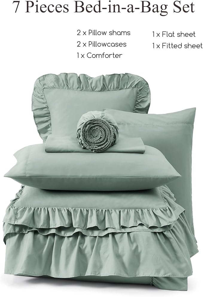 Full Comforter Set Sage Green, Ruffle Shabby Chic Bedding Set Farmhouse 7 Pieces, All Season Fluffy Bed in a Bag with Sheets, Pillowcases & Shams