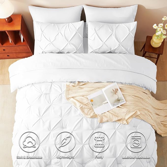 CozyLux Queen Comforter Set White, 7 Pieces Pintuck Bed in A Bag, Premium White Comforter Queen Size, Pinch Pleat Bedding Sets with Comforter, Sheets, Pillowcases & Shams