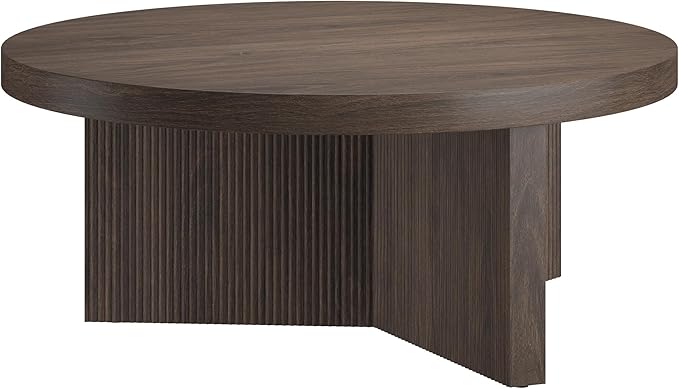 Henn&Hart 36" Fluted Round Low-Profile Coffee Table with Ribbed Pedestal Base Living Room, Family Room, or Office, Warm Brown