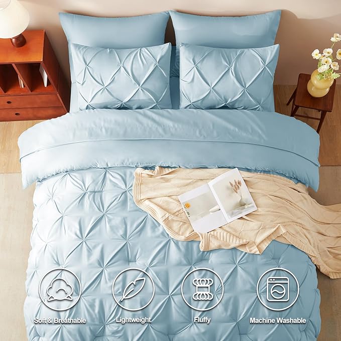 CozyLux King Size Comforter Set Light Blue, 7 Pieces Pintuck Bed in A Bag Blue Comforter King Size, Pinch Pleat Bedding Set with All Season Comforter, Sheets, Pillowcases & Shams