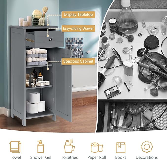 COSTWAY Bathroom Storage Cabinet, Single Door Floor Cabinet with Drawer and 3-Level Adjustable Shelves, Modern Side Storage Organizer with Anti-Tipping Device for Living Room, Bedroom (Gray)
