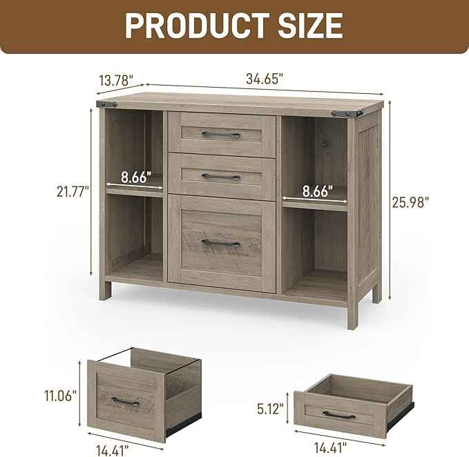 Vabches File Cabinet with 3 Drawers, Farmhouse Lateral File Cabinet Fits Files Letter/A4 Size, Wooden Filing Cabinet with Adjustable Shelves Printer Stand for Home Office, Grey