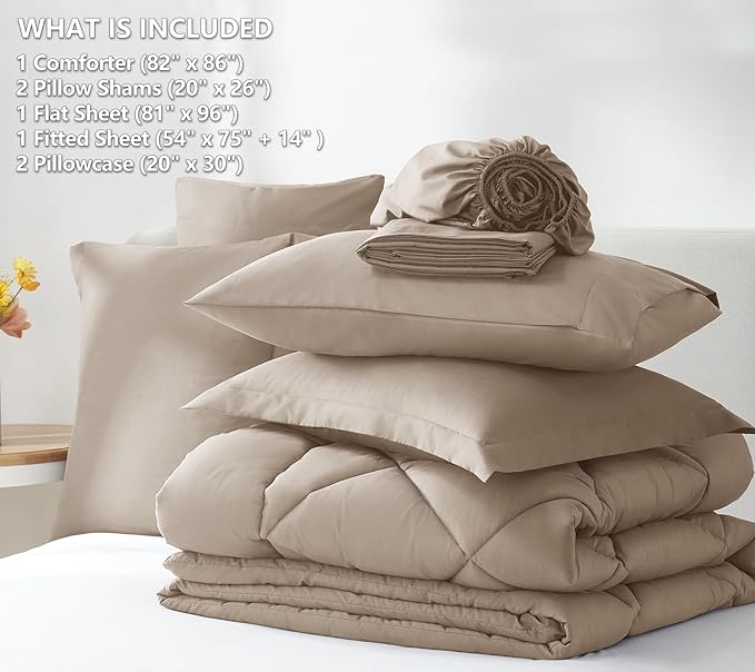 CozyLux Full Size Comforter Sets Khaki - 7 Pieces Bed in a Bag Full, Luxury Soft Bed Set for All Seasons, Bedding Set with Down Alternative Comforter, Sheets, Pillowcases & Shams