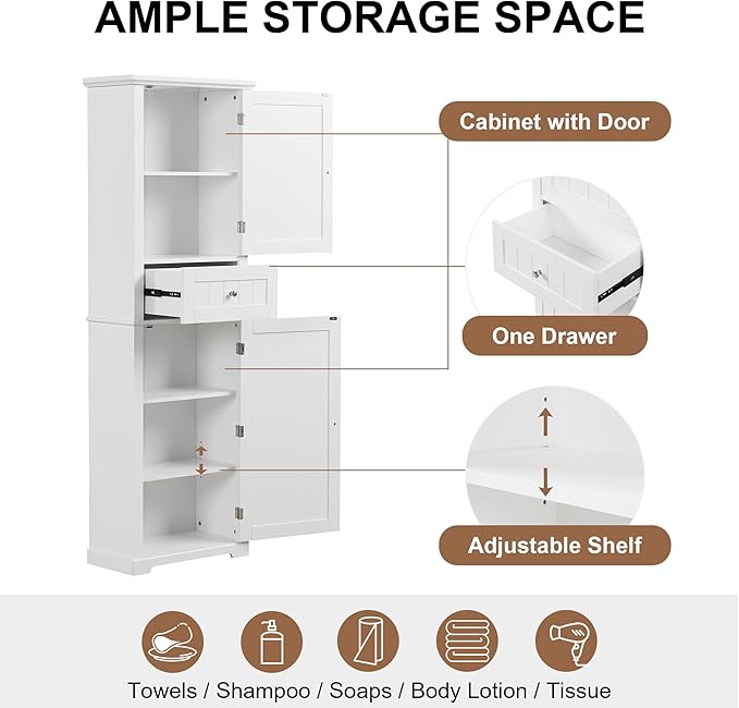 Favfurish 68" Tall Bathroom Storage Cabinet with Doors and Drawer, Modern Linen Cabinets w/Adjustable Shelf & Anti-Toppling Device, Freestanding Cabinet for Bathrooms,Living Room, Entryway,White