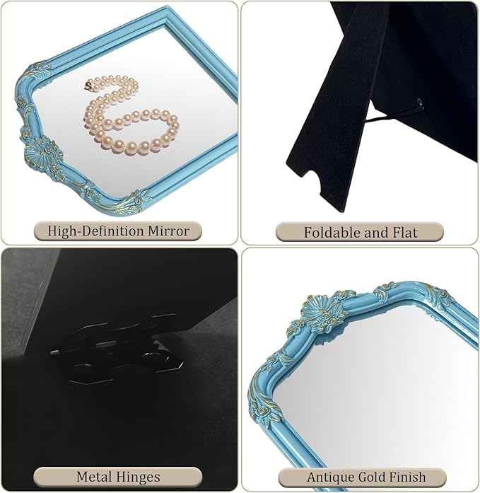 Vintage Carved Desk Mirror - 13x10 Inch Decorative Vanity Mirror for Makeup, Dorm, Bedroom & Tabletop Deco (Blue, 13" L x 10.2" W Flowers)