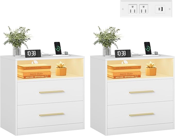 VASAGLE Custos Collection - Set of 2 Nightstands with Charging Station, LED Lights, Modern Night Stands, Side End Tables with Drawers, Open Shelf, 2 AC Outlets USB Ports, Cloud White ULET639WB01S-2J