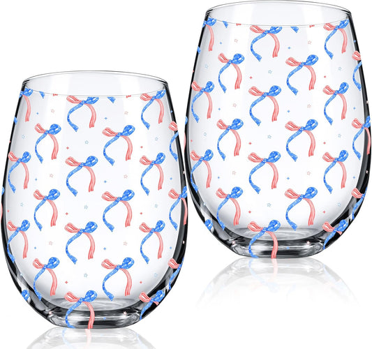 Sliner 2 Pack Patriotic Stemless Wine Glasses 17oz Red Blue Bow Drinking Glasses Independence Day Tumbler Cups for 4th of July Party Supplies Memorial Day Gift Decorations