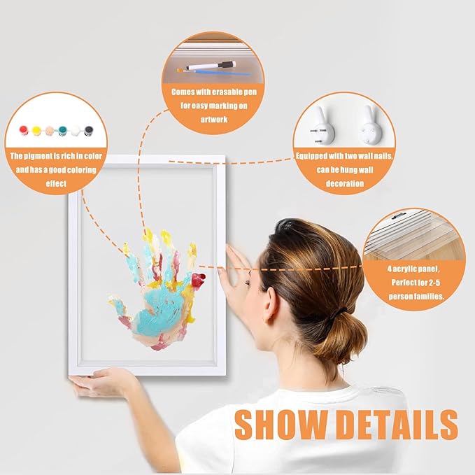 XQC Family Handprint Kit - DIY Craft Keepsake Frame with Clear Boards, Family Memory Gift for New Families & Pets (White)