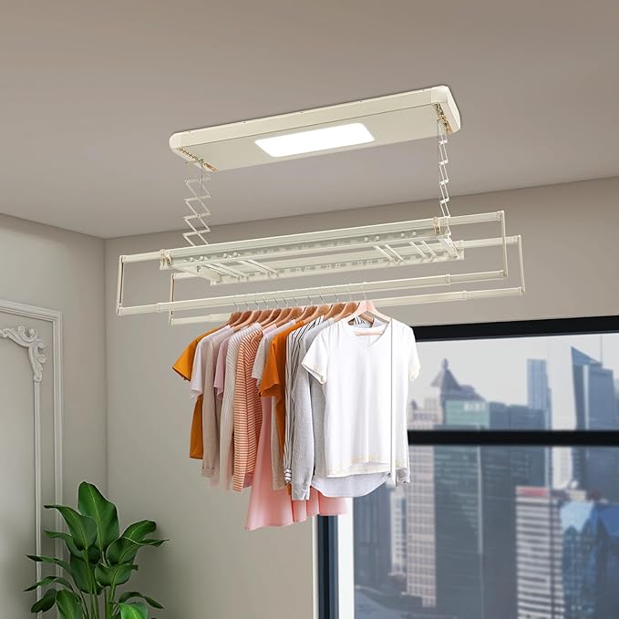 Electric Retractable Airing Rack Off-White Color, Ceiling Clothesline 77lbs Load, Ceiling Mounted Clothes Drying Rack 24W with Remote and Light for Laundry Balcony (Off-White Color)