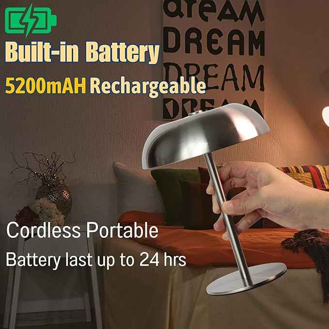 Portable Mushroom Table Lamp with 5200mAh Battery, 11'' Cordless LED Night Light with Stepless Dimming, 3 Color Modes & Adjustable Height for Bedroom/Patio/Bar Decor/Coffee Shop Ambiance (Silver-tall)