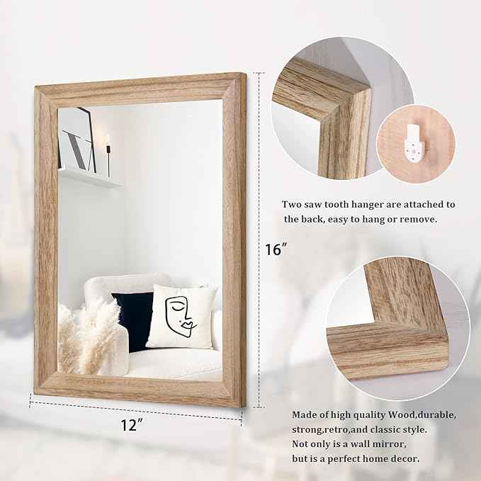 AAZZKANG Rustic Mirrors for Wall Rectangle Wooden Frame Hanging Mirror for Bedroom Bathroom Living Room Entryway Small