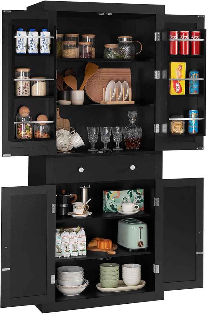 Iwell 72” Kitchen Pantry Cabinet, Tall Storage Cabinet with 6 Hanging Shelves and Adjustable Shelves, Freestanding Cupboard with 4 Doors and 1 Drawer for Kitchen, Dining Room,Living Room, Black
