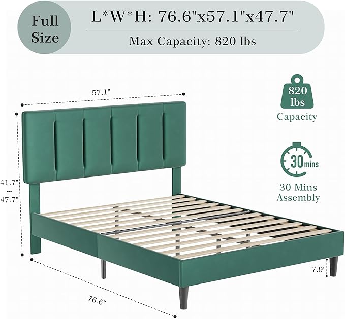 VECELO Full Bed Frame with Upholstered Headboard, Heavy-Duty Platform Bedframe with Strong Wooden Slats Support, No Boxing Spring Needed, Dark Green