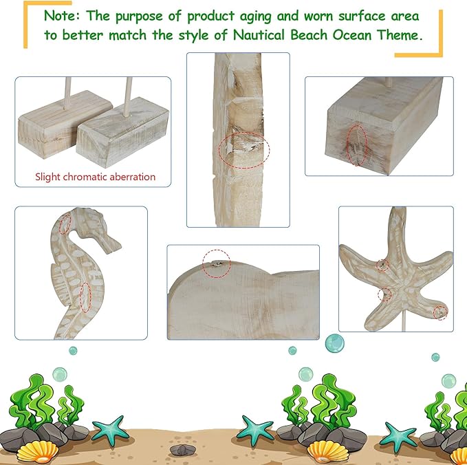 3pcs Wood Handmade Beach Nautical Style Figurines Starfish/Conch/Seahorse Statue Home Decor Beach Decor Coastal Decor
