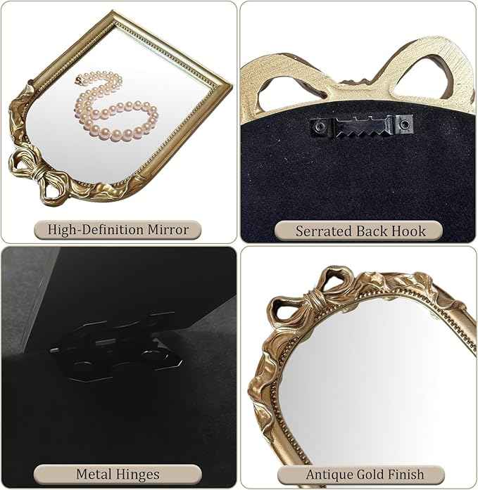 Vintage Carved Resin Desk Mirror - 13x10 Inch Decorative Vanity Mirror for Makeup, Dorm, Bedroom & Tabletop Deco (Bow Champagne Gold, 13" L x 10.2" W)