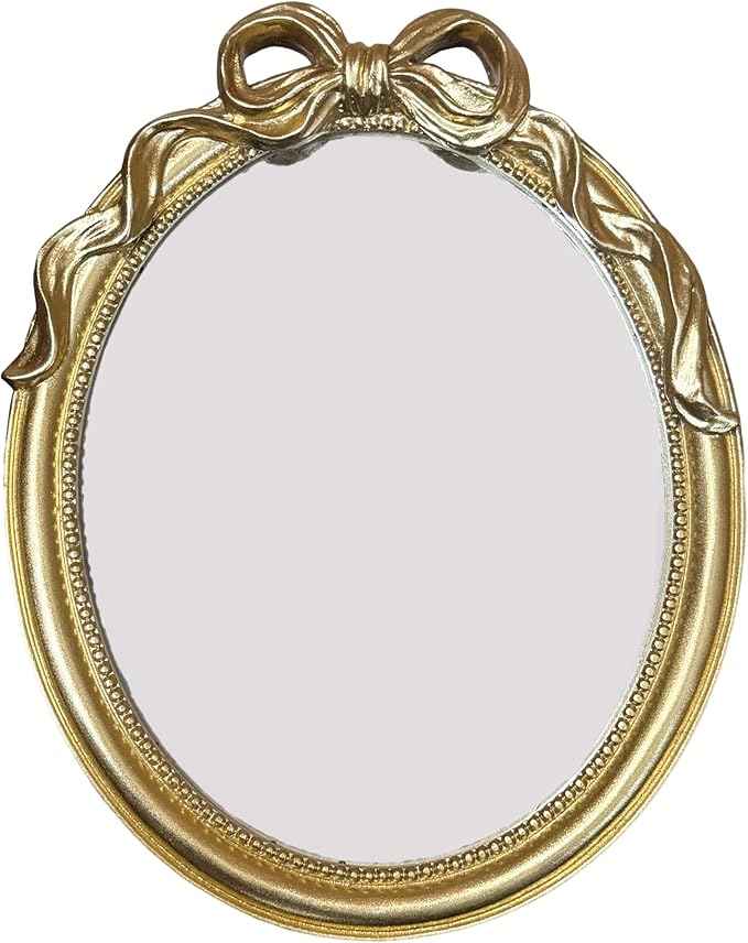 Vintage Vanity Desk Mirror - 13x10 Inch Wall-Mounted & Tabletop Decorative Ornate Gold Accent Retro Makeup Mirror for Bedroom Dresser Bathroom Living Room Dorm Oval