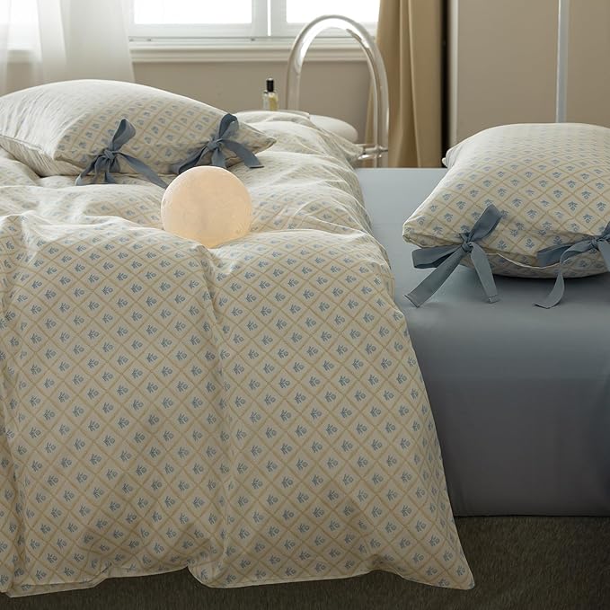 LifeTB Botanical Flower Comforter Set King Size Chic Blue Floral Bedding Comforter Vintage Style King Bed Comforter with 2 Bow Tie Pillowcases Boho Farmhouse Bedding Floral Aesthetic Comforter Set