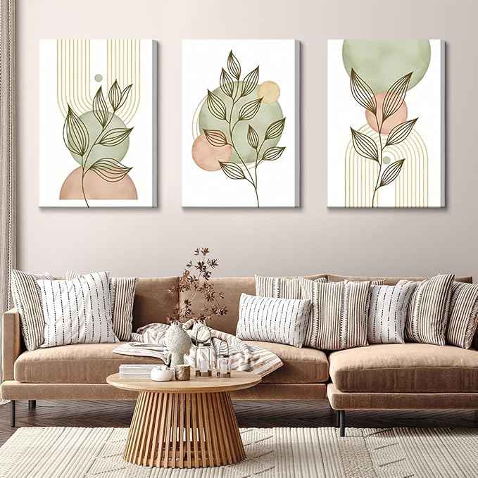 3Pcs Framed Sage Green Boho Canvas Wall Art Modern PinkBotanical Posters Print Abstract With Leafr Pictures Wall Decoration For Living Room Bedroom Bathroom