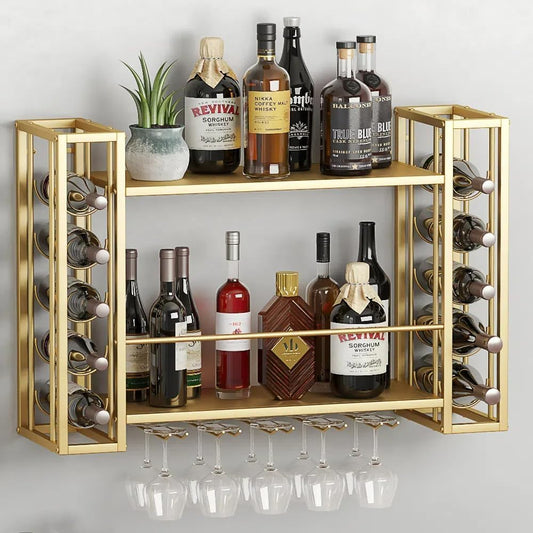 Wall Mounted Wine Rack, Hanging Floating Bar Liquor Shelves with Glass Holder, Metal Bottle Holder Wine Storage Display Shelf for Home Bar, Gold (47.2”W x 9.8”D x 21.65”H)