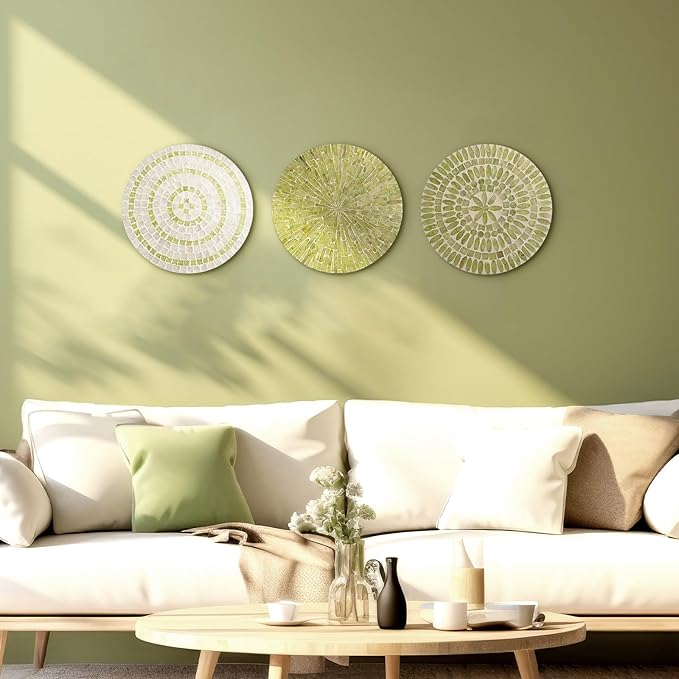 Tioncy 3 Pcs 11.8 Inches Spring Lime Green Mother of Pearl Shell Plate Lime Green Wall Art Mosaic Wall Sculpture Shell Handmade Hanging Plates Arts for Bedroom Bathroom Home Office Hotel