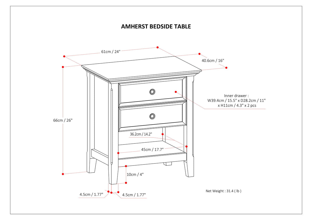 Amherst 24" Wide Solid Wood Bedside Table in White