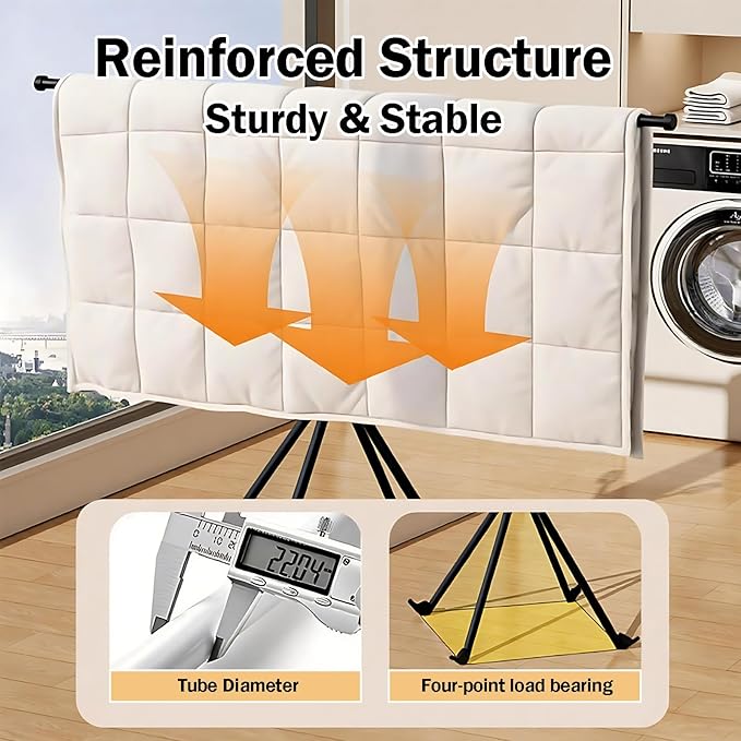 Upgrade 4-Legged Clothes Drying Rack with 4 Telescopic Rods and 4 Shoe Rods, Collapsible Drying Racks for Indoor Outdoor Use, Space-Saving Laundry Drying Rack (Black)