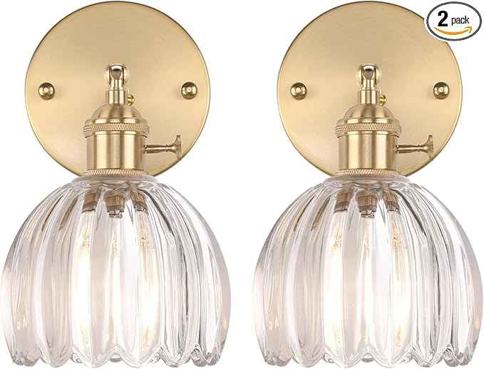 Vintage Wall Sconces Set of 2 with Transparent Tulip Glass Lampshade 180 Degree Adjustable Brass Sconces Hradwired Modern Wall Lighting Fixture with Switch for Bedside Bedroom Doorway