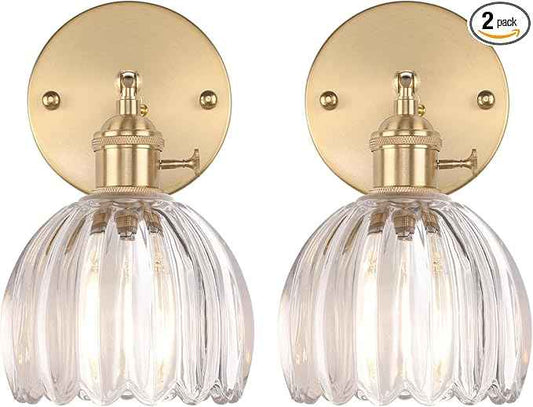Vintage Wall Sconces Set of 2 with Transparent Tulip Glass Lampshade 180 Degree Adjustable Brass Sconces Hradwired Modern Wall Lighting Fixture with Switch for Bedside Bedroom Doorway
