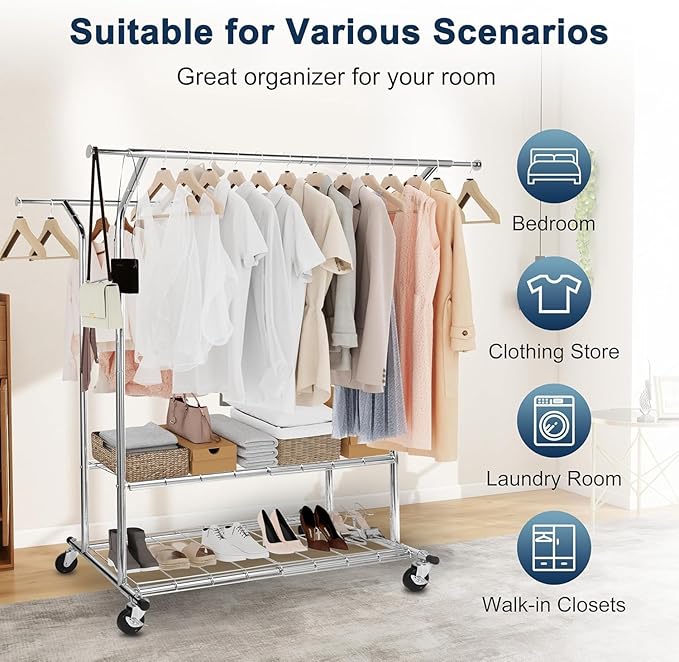 Whitmor Heavy Duty Clothing Rack: Adjustable & Extendable Rolling Garment Rack with Lockable Wheels, Double Rod Clothing Racks with 2 Bottom Shelves, Max Load 500LBS for Hanging Clothes, Chrome
