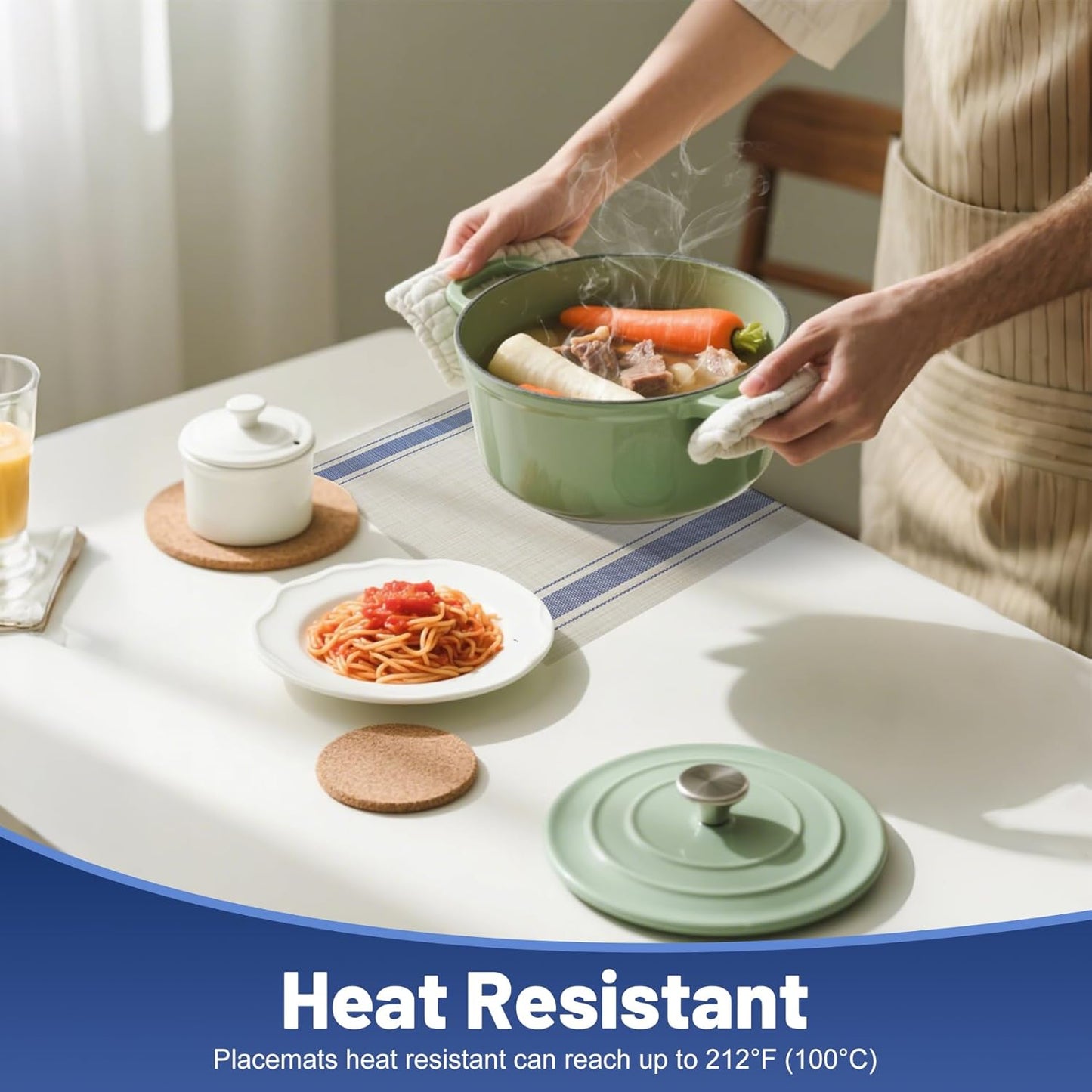 Placemats Set of 8，Non-Slip PVC Weave Table Mats Easy to Clean，Heat Resistant Place Mats for Kitchen Dining Table Decoration Indoor Outdoor，Khaki Blue