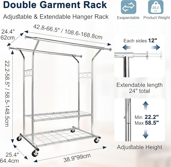 Whitmor Heavy Duty Clothing Rack: Adjustable & Extendable Rolling Garment Rack with Lockable Wheels, Double Rod Clothing Racks with 2 Bottom Shelves, Max Load 500LBS for Hanging Clothes, Chrome