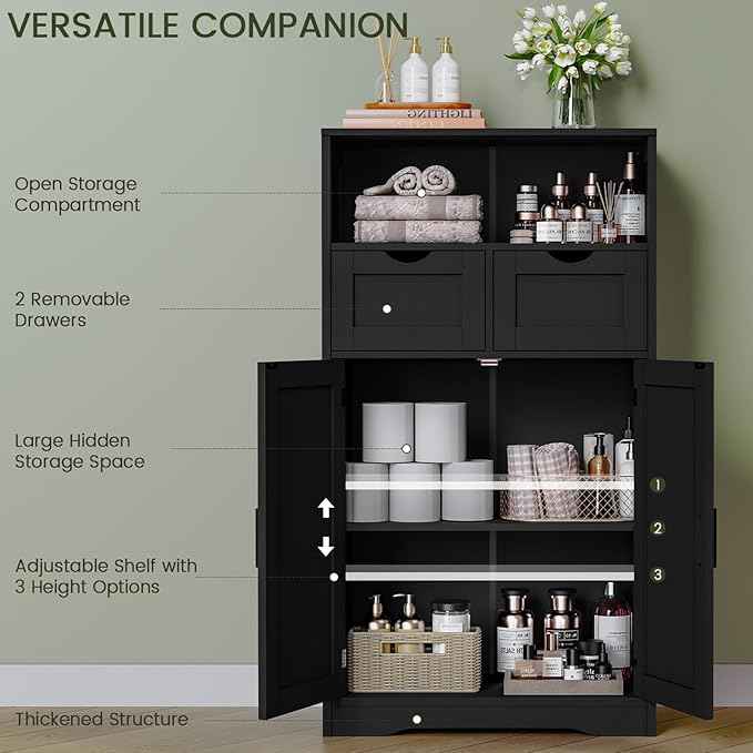 Iwell Storage Cabinet with Doors & Shelves, Kitchen Pantry Cabinet, Bathroom Cabinets for Living Room, Kitchen, Laundry, Black