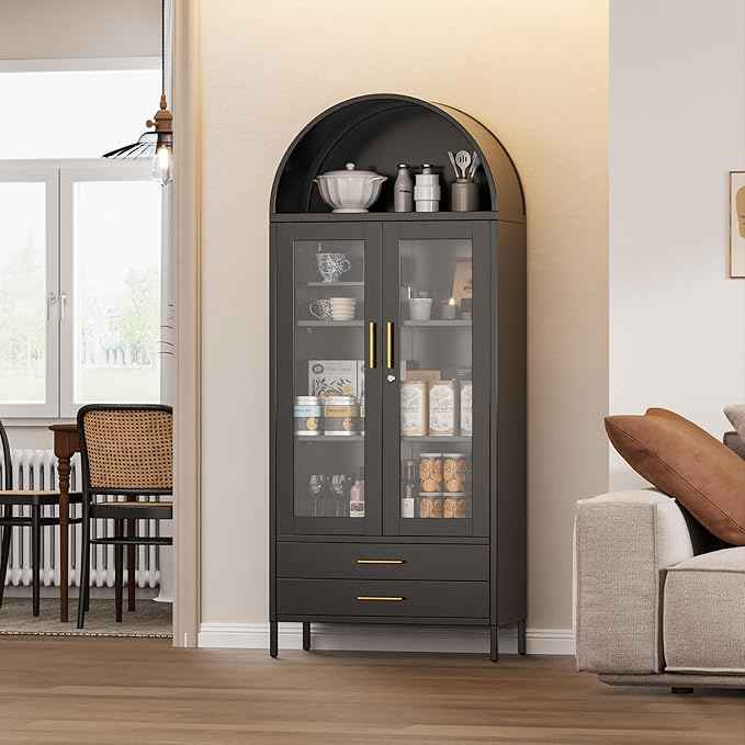 73'' Black Tall Arched Bookcase Cabinet with Glass Doors, Metal Arched Pantry Cabinet with 2 Drawers for Home Kitchen Office,Required Assembly