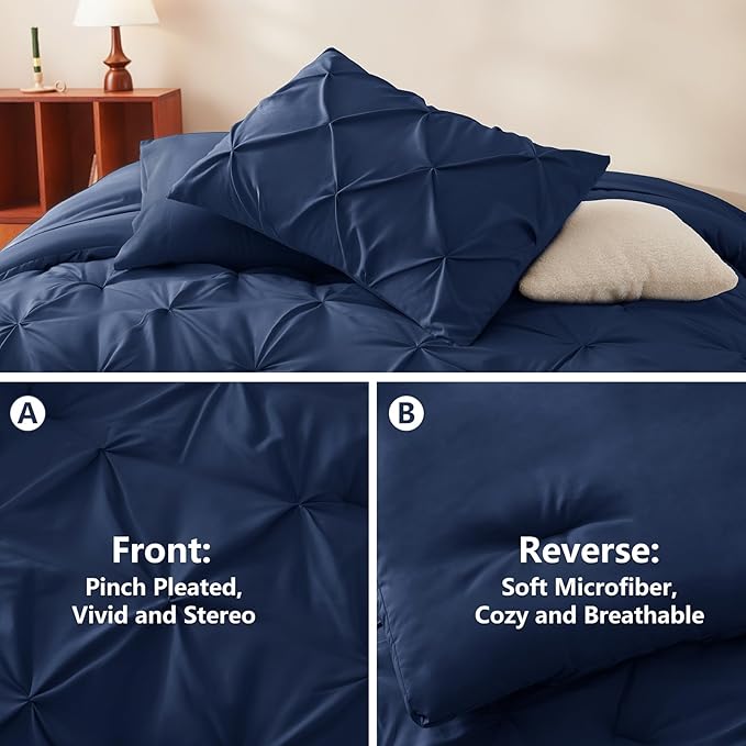 CozyLux Twin Comforter Set with Sheets Navy Blue, 5 Pieces Pintuck Bed in A Bag, Twin Bed Set Gift for Family, Pinch Pleat Bedding Set with Comforter, Sheets, Pillowcase & Sham