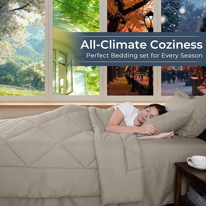 HEVUMYI Linen King Comforter Set - 7-Piece All Season Bed in a Bag King, Ultra Soft Bedding Set with Comforter, Flat Sheet, Fitted Sheet, Pillowcases, Pillow Shams